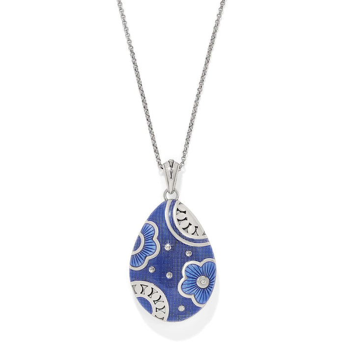 Brighton pendant necklace with blue enamel teardrop, silver-plated floral details, and crystal accents on a white background