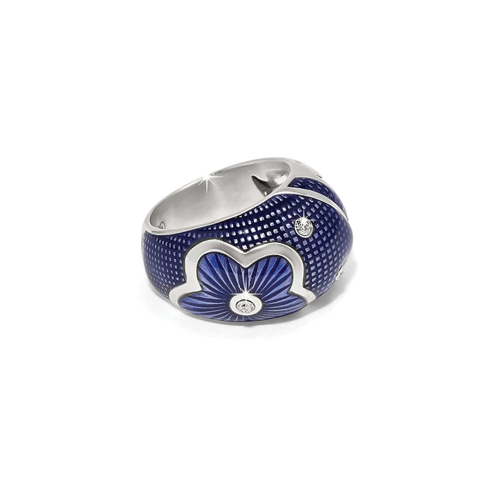 Brighton silver-plated ring with blue enamel, textured pattern, floral motif, and crystal accents on a white background