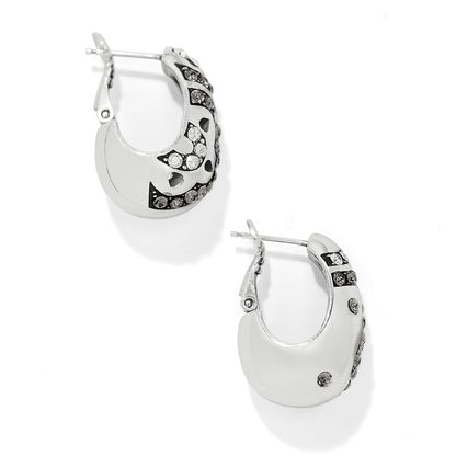 Brighton hoop earrings with silver-plated finish and crystal accents shown from two angles on a white background