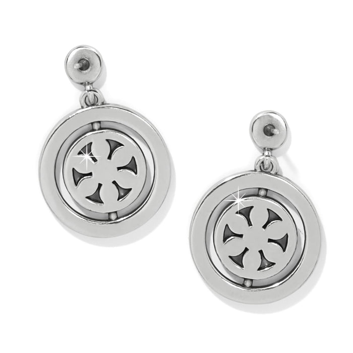 Brighton drop earrings with silver-plated round medallions featuring openwork cross design on a white background
