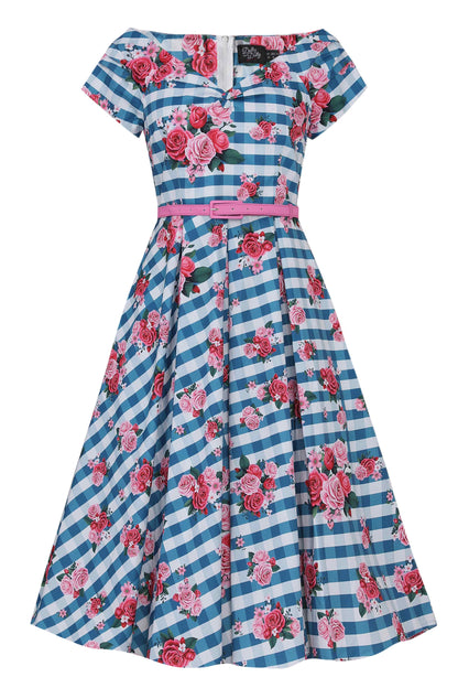 Lily Floral Off Shoulder Dress In Blue Gingham