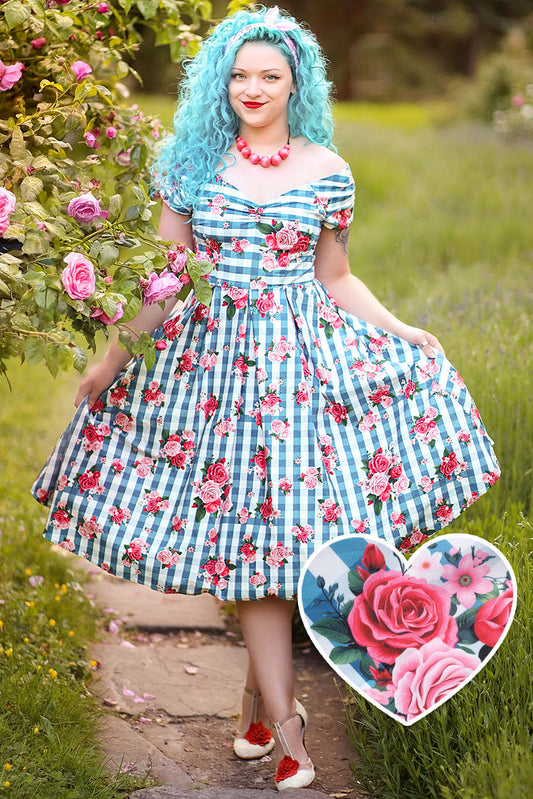 Lily Floral Off Shoulder Dress In Blue Gingham