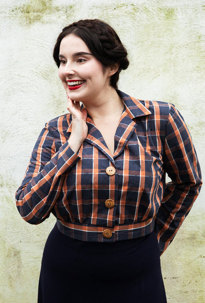 1930s Amelia Blouse - Navy and Orange Plaid