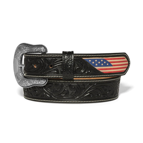 Brighton black tooled leather belt with American flag accent and ornate silver-tone engraved buckle on a white background