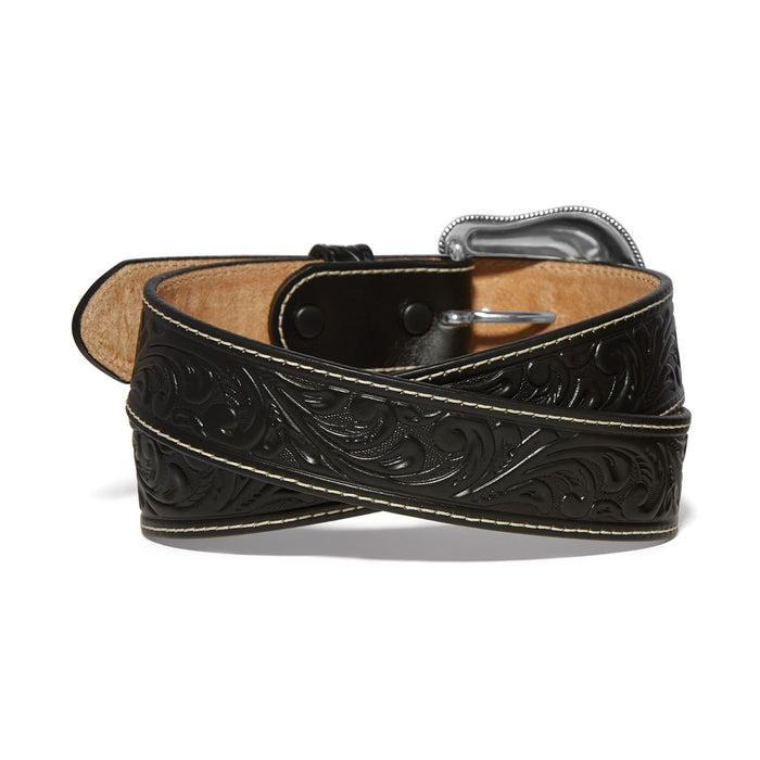 Brighton black leather belt with embossed scroll pattern, contrast stitching, and silver-tone buckle on a white background