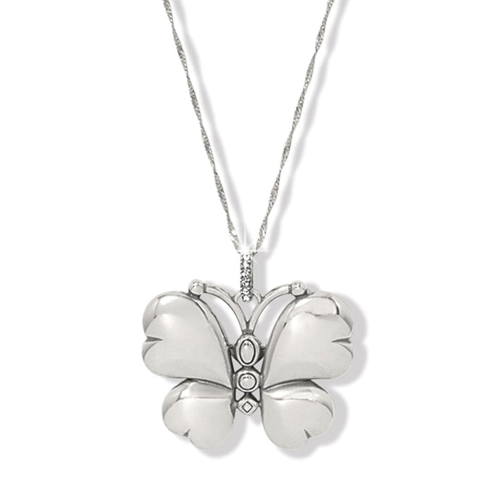 Brighton butterfly pendant necklace with silver-plated wings, crystal-accented bail, and twisted chain on a white background