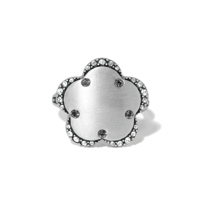 Brighton silver-plated flower-shaped ring with crystal-edged petals and crystal accents at center on a white background