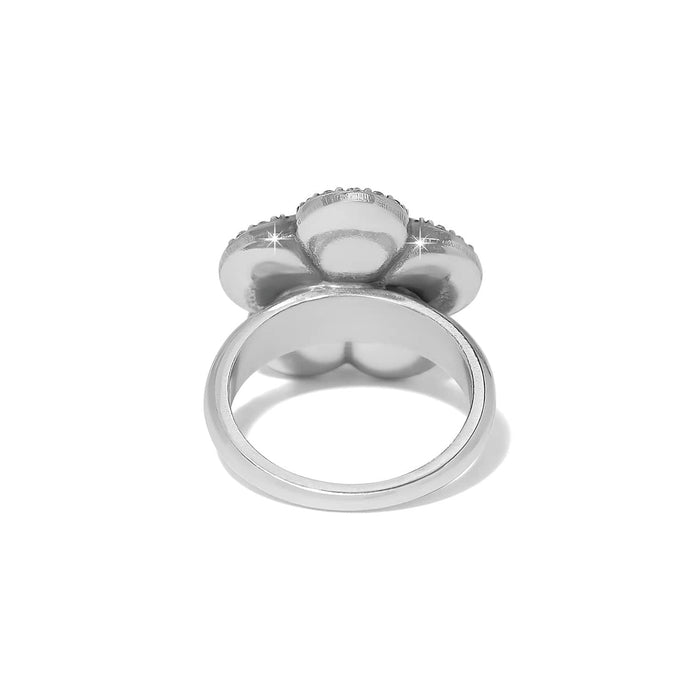 Brighton ring shown from the back with silver-plated floral setting and polished band on a white background