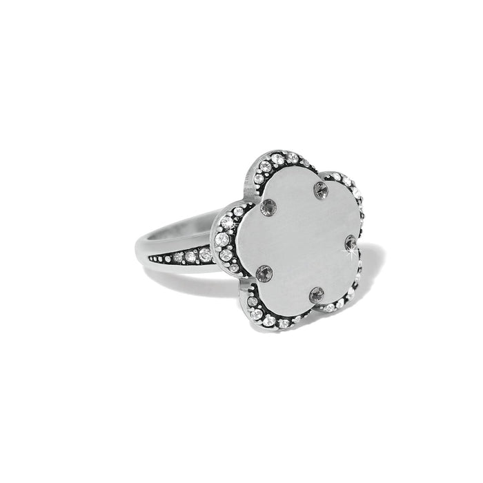 Brighton silver-plated ring with floral-shaped top and fine quality crystal accents along the band on a white background