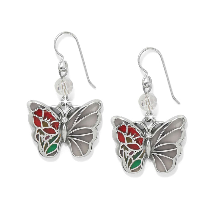 Brighton butterfly drop earrings with silver-plated wings, red and green enamel floral detail, and crystal beads on a white background