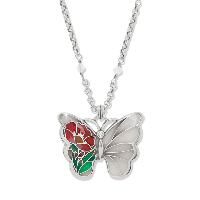 Brighton pendant necklace with silver-plated butterfly featuring red floral enamel wing and crystal accent on a white background