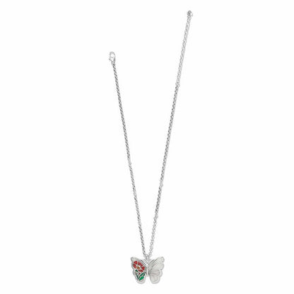 Brighton pendant necklace with silver-plated butterfly featuring enamel floral wing detail and crystal accent on a white background