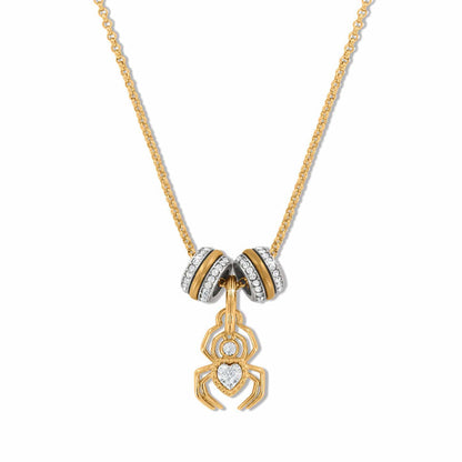 Brighton gold-plated charm necklace with crystal spider pendant and two crystal enamel bead rings on a white background