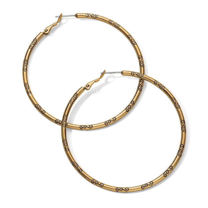 Brighton hoop earrings in gold-plated finish with engraved scroll detail along the hoops on a white background