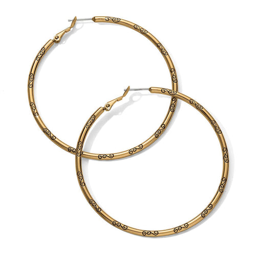 Brighton hoop earrings in gold-plated finish with engraved scroll detail along the hoops on a white background