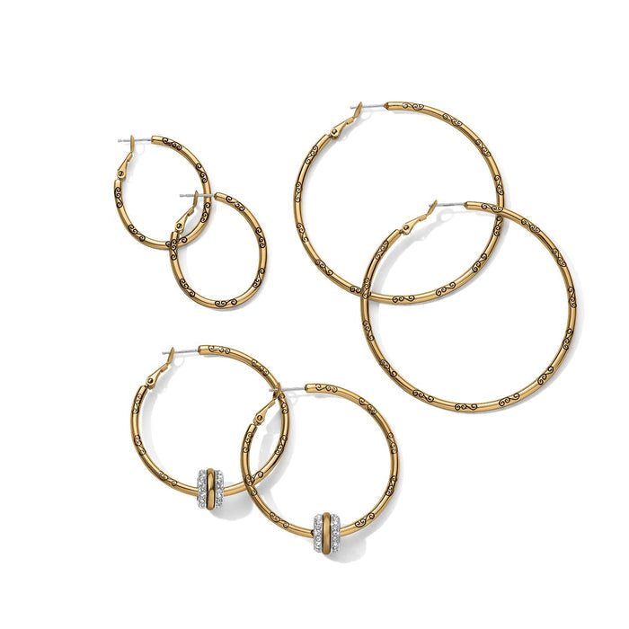 Brighton hoop earrings in three sizes with gold-plated scroll engraved finish and crystal accent rings on a white background