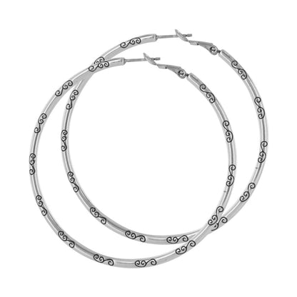 Brighton hoop earrings in silver-tone finish with engraved scroll detailing along the bands on a white background
