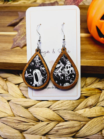 Halloween Ghouls Wood Inlay Teardrop Earrings
