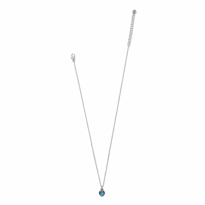 Brighton silver-plated heart pendant necklace with blue crystal and enamel accent shown with adjustable chain on a white background