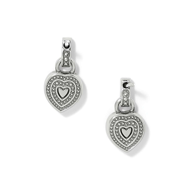 Brighton drop earrings with silver-plated heart charms featuring beaded detailing and crystal accents on a white background