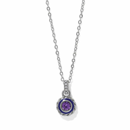 Brighton pendant necklace with purple crystal, blue enamel ring, silver-plated rope frame, and crystal-set bail on a white background