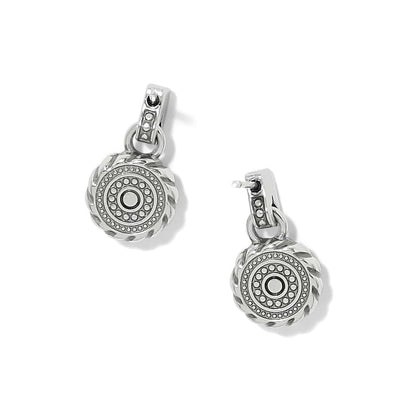 Brighton drop earrings with silver-plated round medallions featuring beaded concentric circles and rope-twist borders on a white background