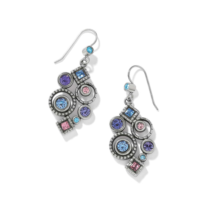 Brighton drop earrings with blue, purple, and pink crystals in silver-plated circle and square settings on a white background