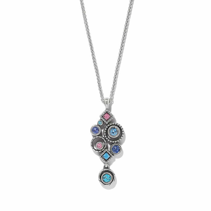 Brighton pendant necklace with silver-plated chain and pink, blue, and aqua crystal cluster on a white background