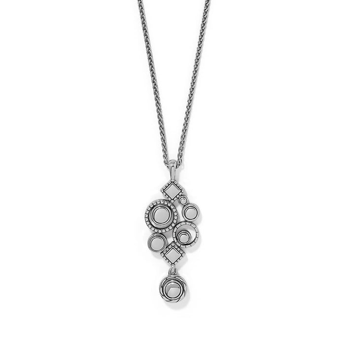 Brighton pendant necklace with silver-plated geometric cluster of circles and diamond shapes on a white background
