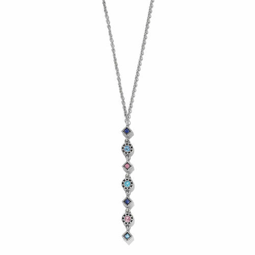 Brighton silver-plated drop necklace with alternating blue, pink, and aqua crystals in geometric settings on a white background