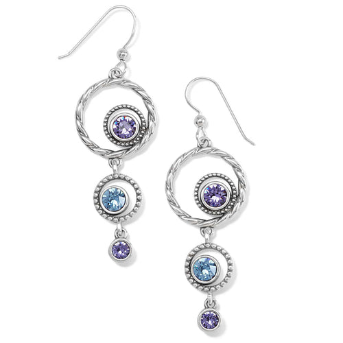 Brighton drop earrings with silver-plated circles and purple and blue crystal accents on a white background