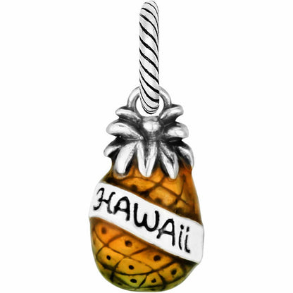 Brighton pineapple charm with orange and green enamel finish and silver-tone Hawaii banner detail on a white background