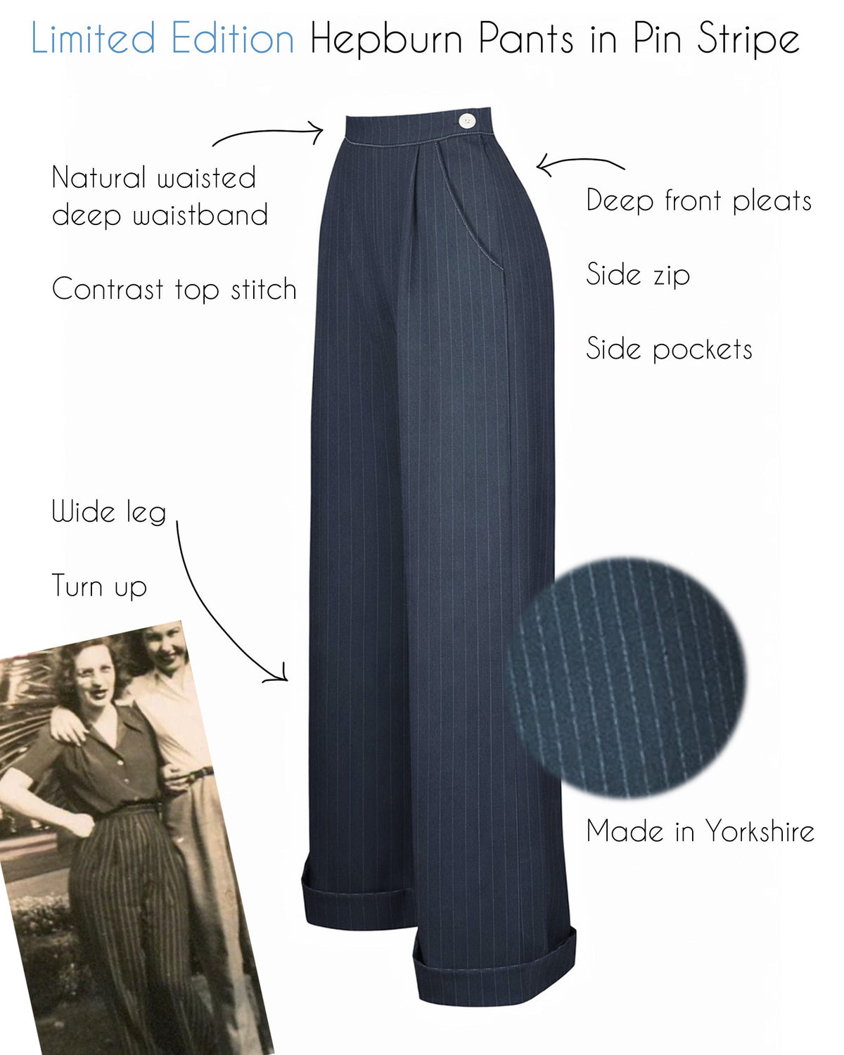 1940s Hepburn Pleated Trousers - Pinstripe
