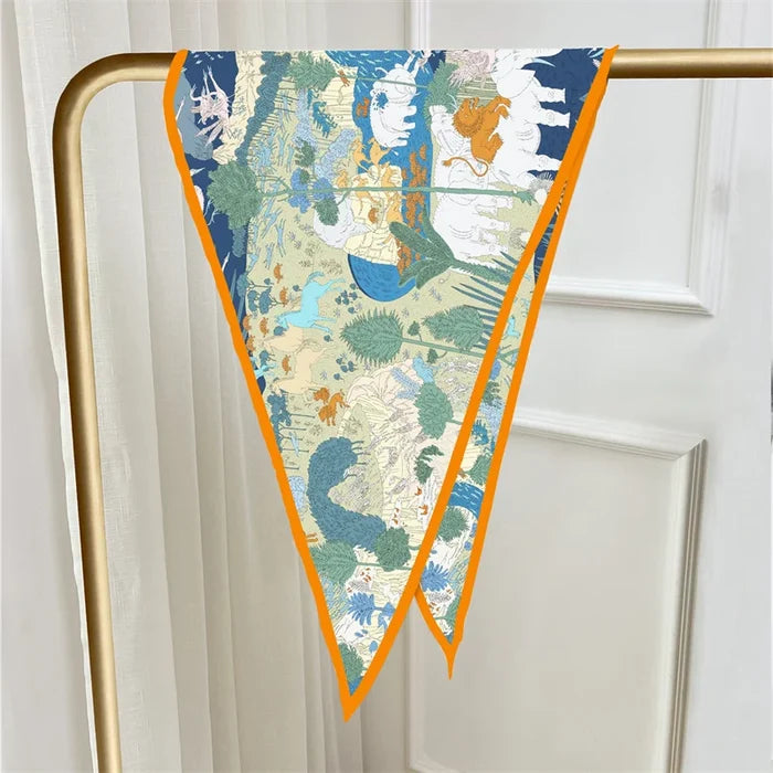 Horses Forest Blue Silk Diamond Scarf