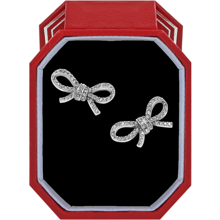 Brighton silver-plated bow stud earrings with fine quality crystals displayed in a red gift box on a white background
