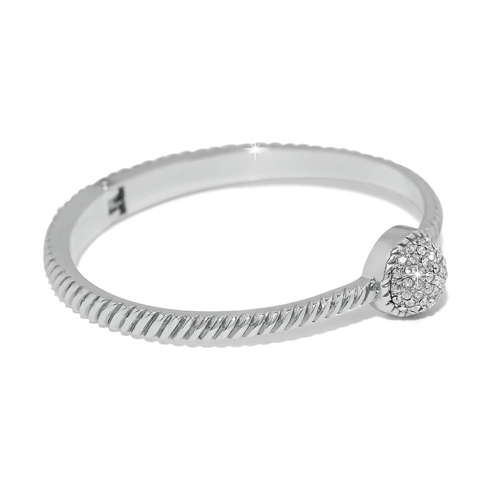 Brighton bangle bracelet with silver-plated rope texture and crystal pavé heart accent on a white background