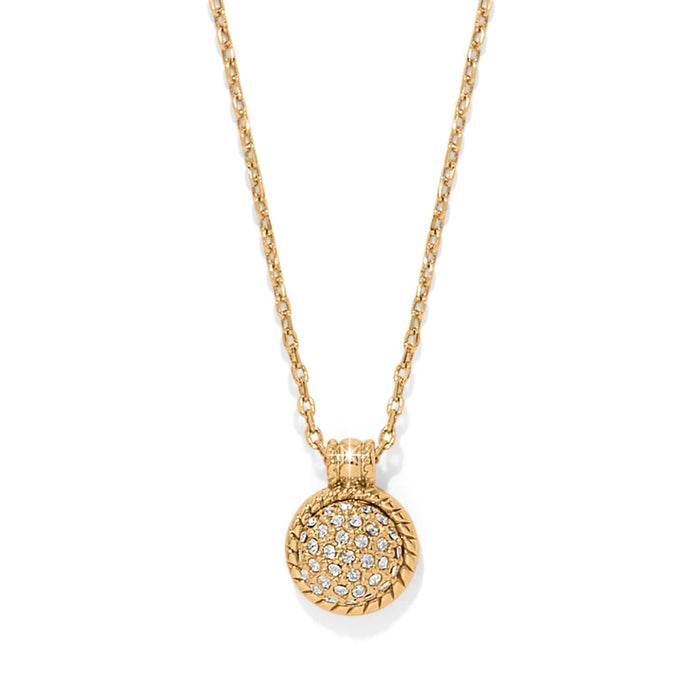 Brighton pendant necklace with gold-plated round disc, crystal pavé center, and rope-textured border on a white background