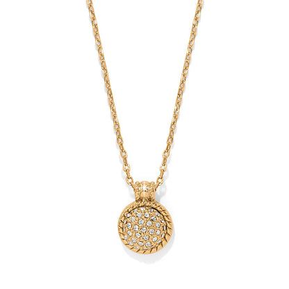Brighton pendant necklace with gold-plated round disc, crystal pavé center, and rope-textured border on a white background