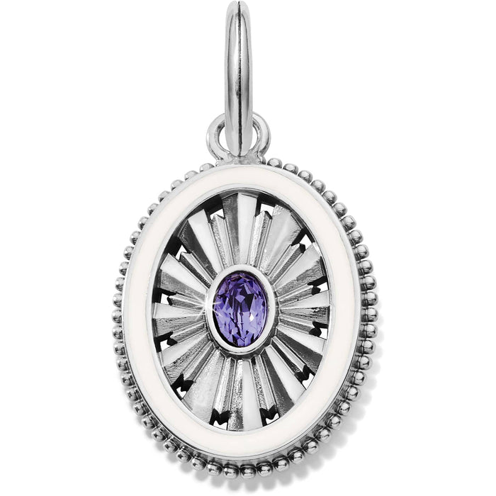 Brighton oval charm pendant with silver-plated sunburst design, purple crystal center, and beaded border on a white background