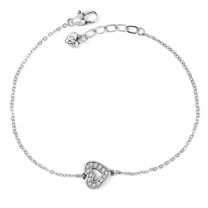 Brighton silver-plated chain bracelet with crystal-accented open heart charm and lobster clasp on a white background