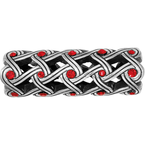 Brighton bracelet with silver-plated woven lattice design and red crystal accents throughout on a white background