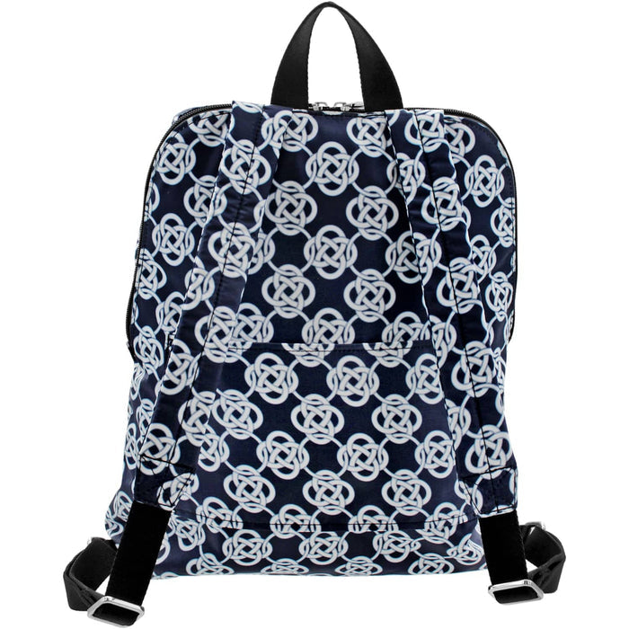 Brighton backpack shown from the back with navy and white Celtic knot print and adjustable straps on a white background