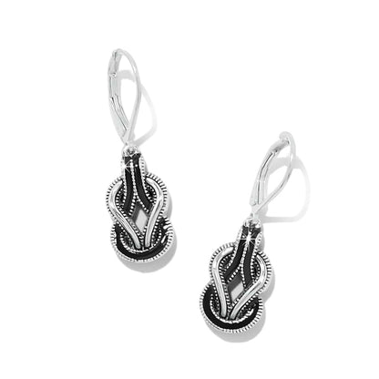 Brighton drop earrings with silver-plated interwoven design and black enamel accents on a white background