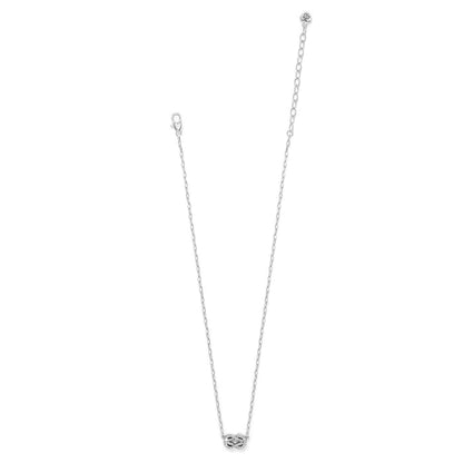 Brighton silver-plated necklace with crystal-accented infinity knot pendant and lobster clasp on a white background