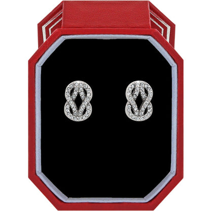 Brighton stud earrings with silver-plated interlocking knot design and crystal accents in a red gift box