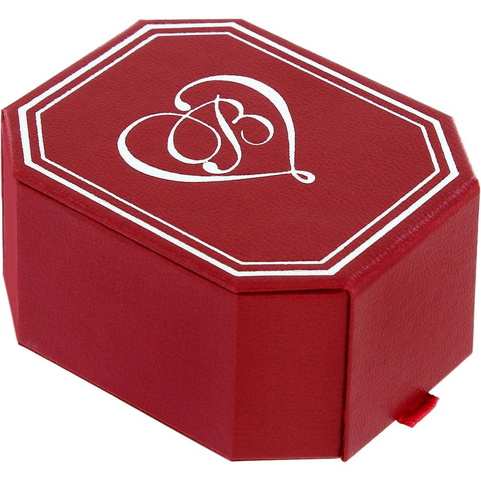 Brighton red octagonal jewelry gift box with white scrollwork heart emblem and decorative border on a white background