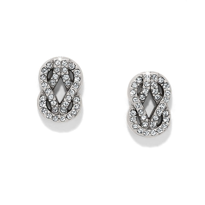 Brighton silver-plated knot earrings with pavé crystal accents in interlocking loop design on a white background