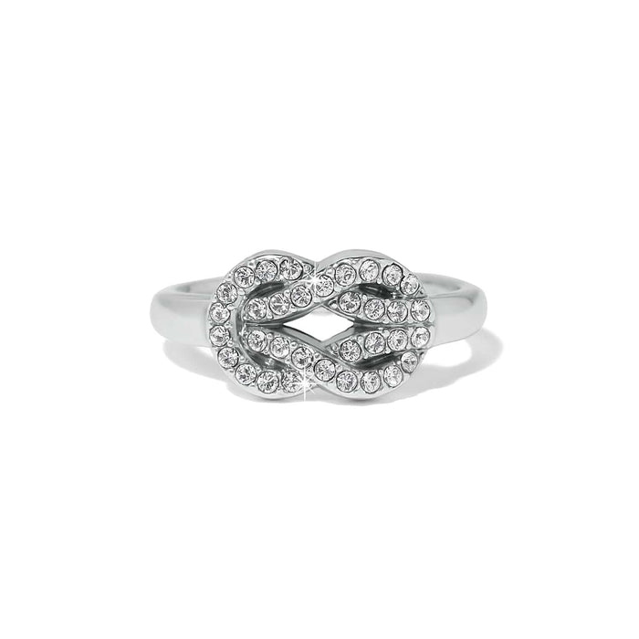 Brighton ring with silver-plated love knot design and pavé crystal accents on a white background