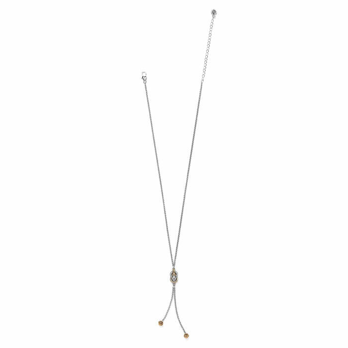 Brighton lariat necklace with two-tone knot pendant and beaded drop ends with adjustable chain on a white background