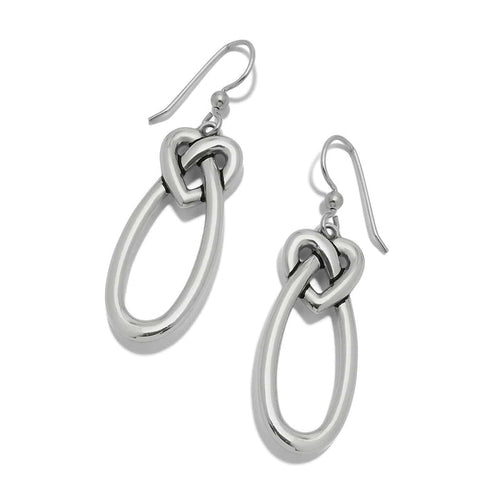Brighton drop earrings with silver-plated heart knot links and elongated oval loops on a white background